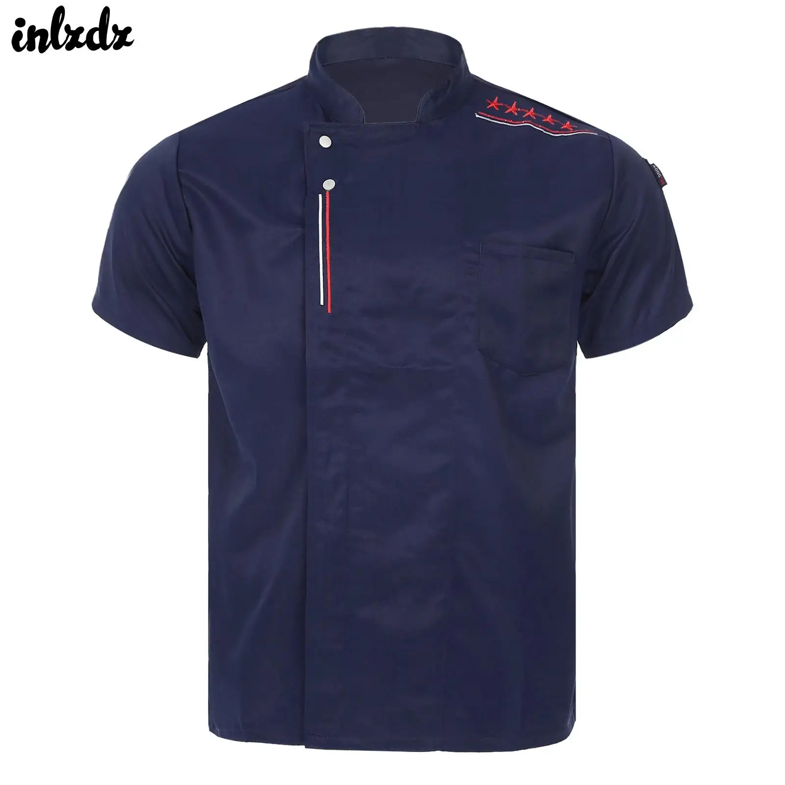 Veste de chef brodée étoile pour hommes et femmes, manches courtes en Y, col montant, uniforme de cuisine, cuisine, pâtisserie, vêtements de travail de restaurant