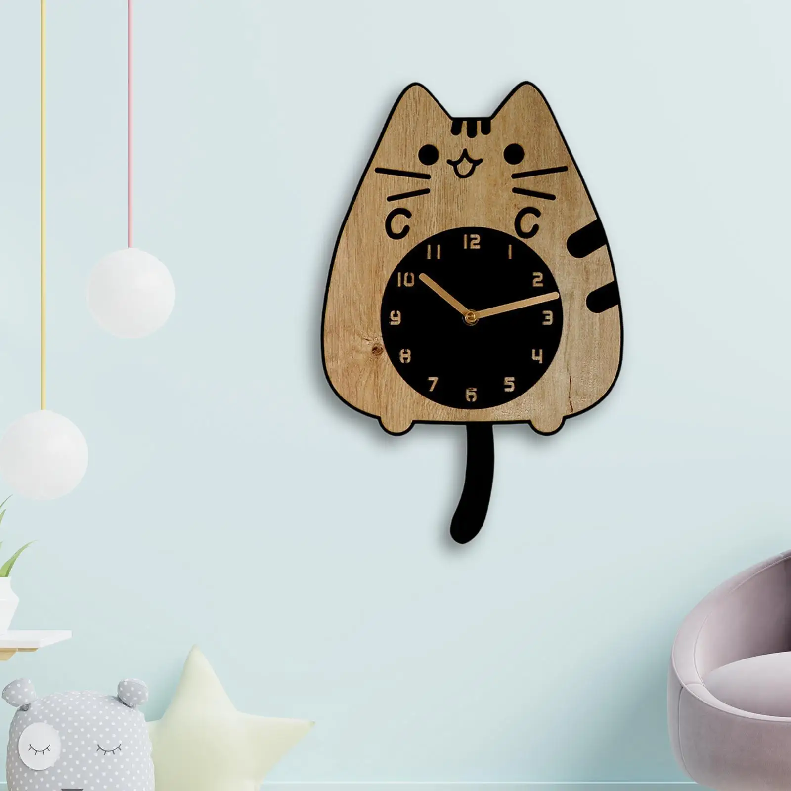 Cat Wall Clock Aesthetic Wooden with Swinging Tail Wall Hanging Clock for Indoor Office Living Room Kids Room Home Decoration