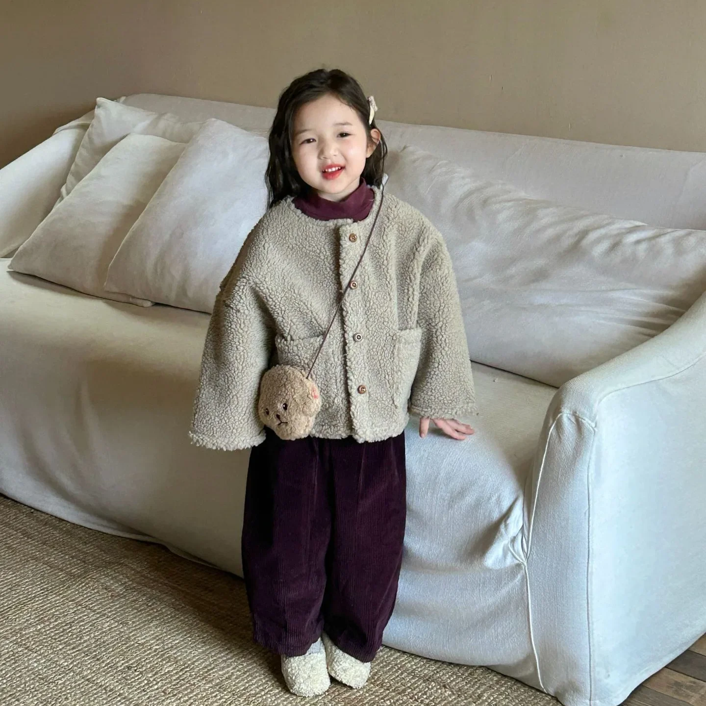 Girls Suit 2024 Winter New Childrens Clothing Baby Girl Lamb Wool Coat Base Shirt Corduvet Pants Three-piece Set Casual Simple