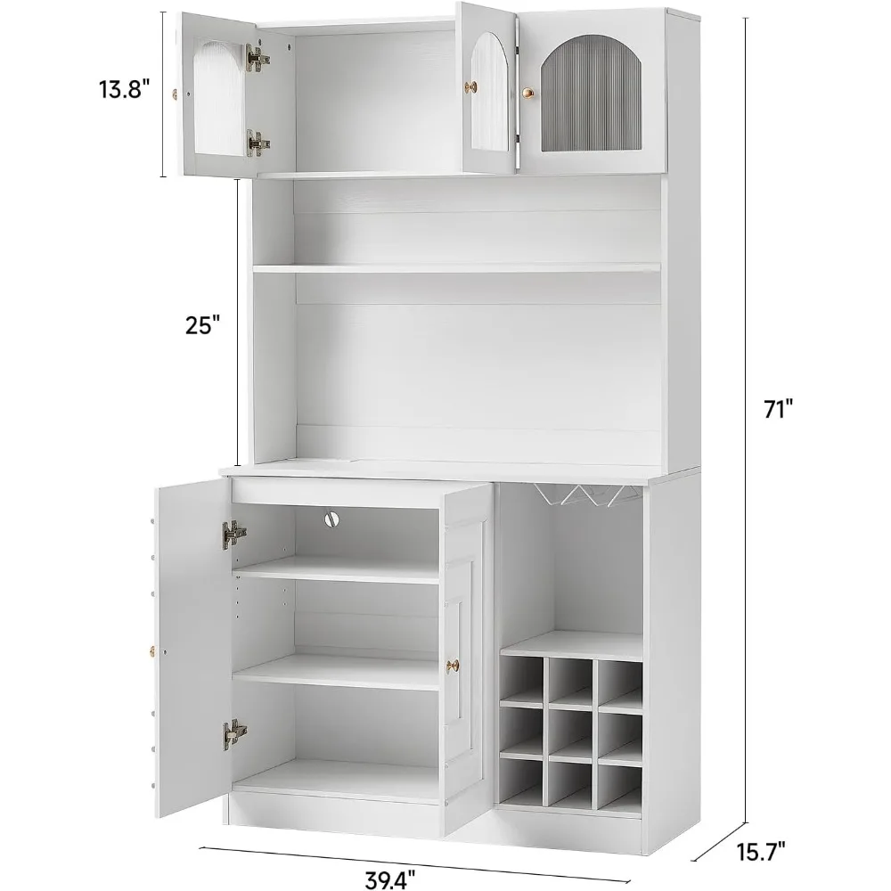 خزانة مخزن المطبخ مع رف الميكروويف، خزانة تخزين قفص المطبخ مقاس 71 بوصة، بار قهوة بوفيه أبيض مع رف زجاجي للنبيذ، فوز #2