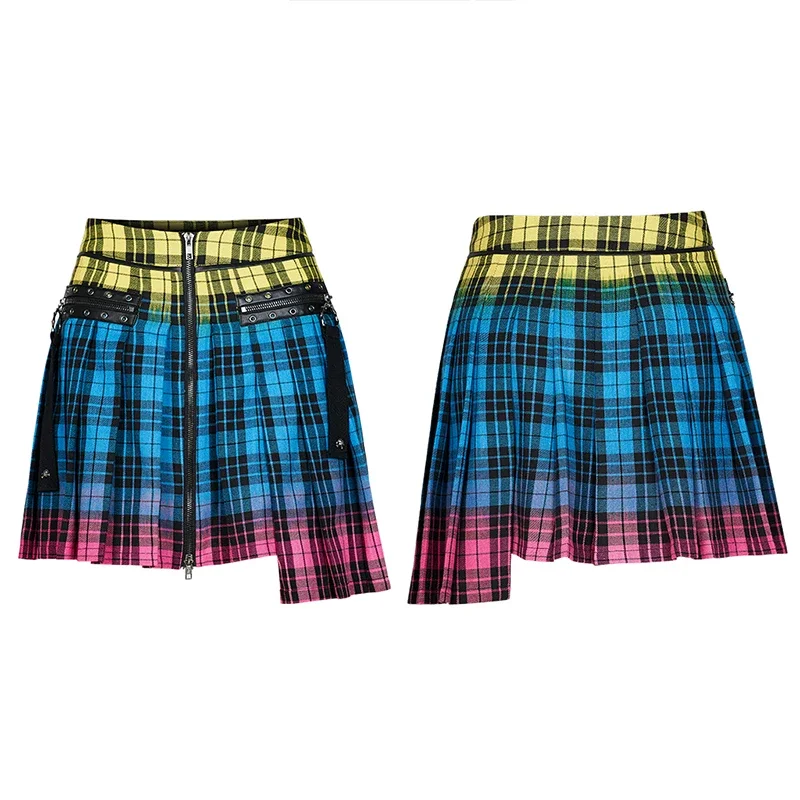 PUNK RAVE Women's Punk Color Plaid Playful Cute Pleated Skirt Daily Sexy Mini Half Skirts Little Ghost Head Nails Decoration