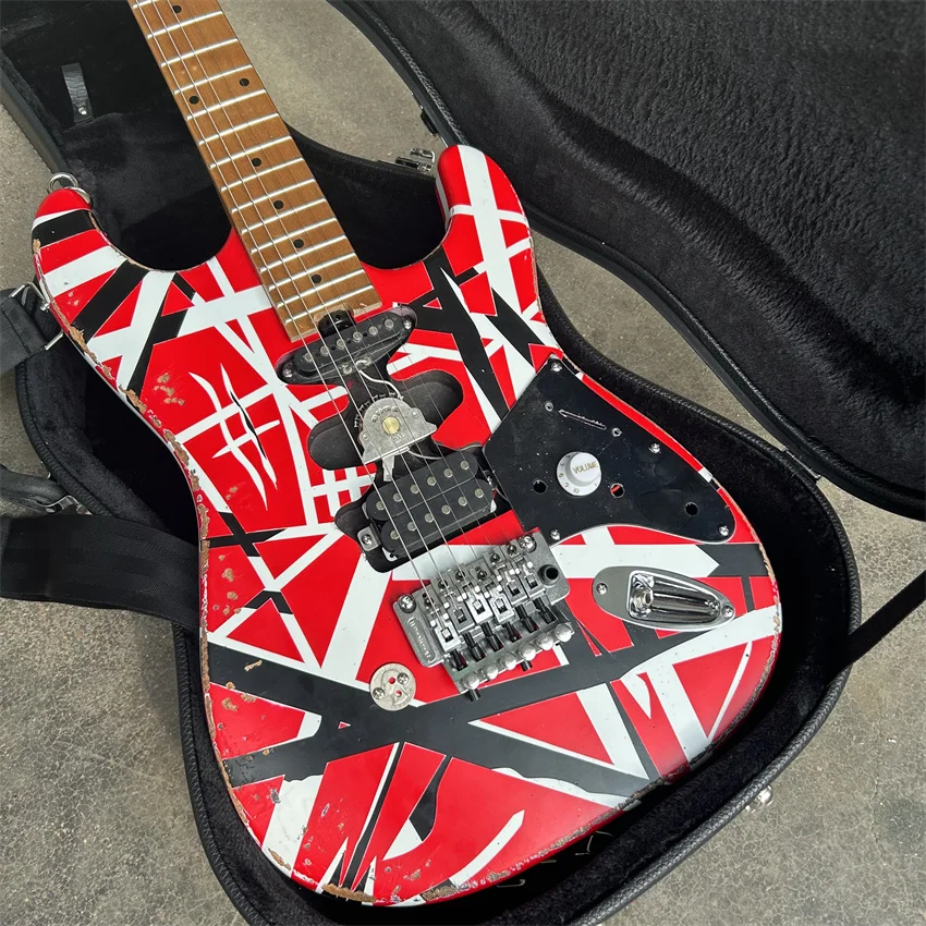 stock Edward Eddie Van Halen Heavy Relic Red Franken Electric Guitar Black White Stripes Floyd Rose Tremolo Bridge Slanted