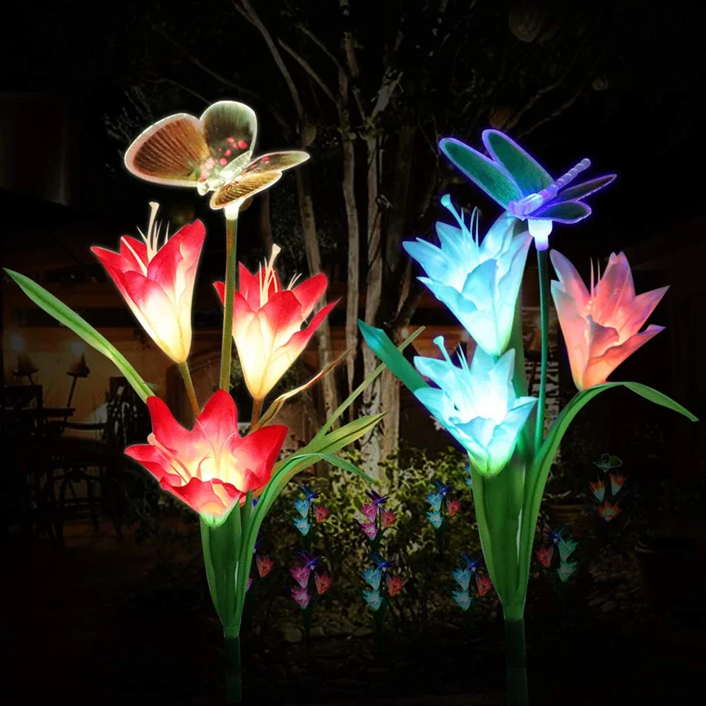 

3 Head Led Solar Lily Flower Butterfly Dragonfly Garden Lamp 7 Color Change Lighting Lily Rose Light Lawn Lamp Landscape Decor