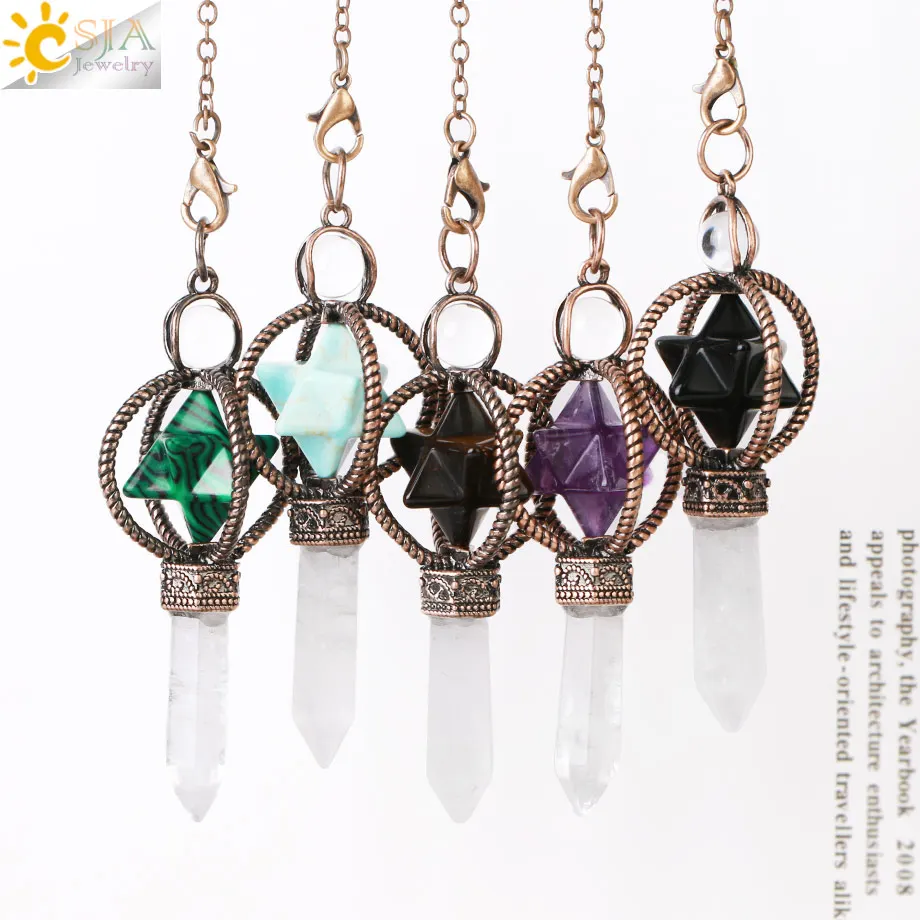 CSJA Esotericism Crystal Pendulums for Dowsing Divination Pendulum Merkaba Natural Stone Pendant Clear Quartz Red Bronze G930