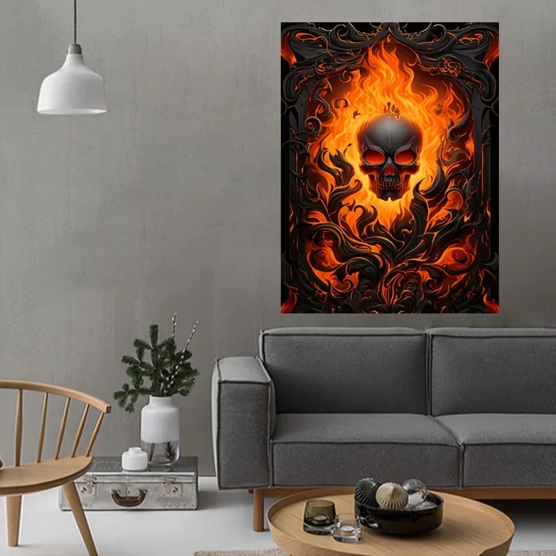 Retro aesthetic burning skull print tapestry, wall hanging tapestry suitable for living room, bedroom, dormitory home decoration