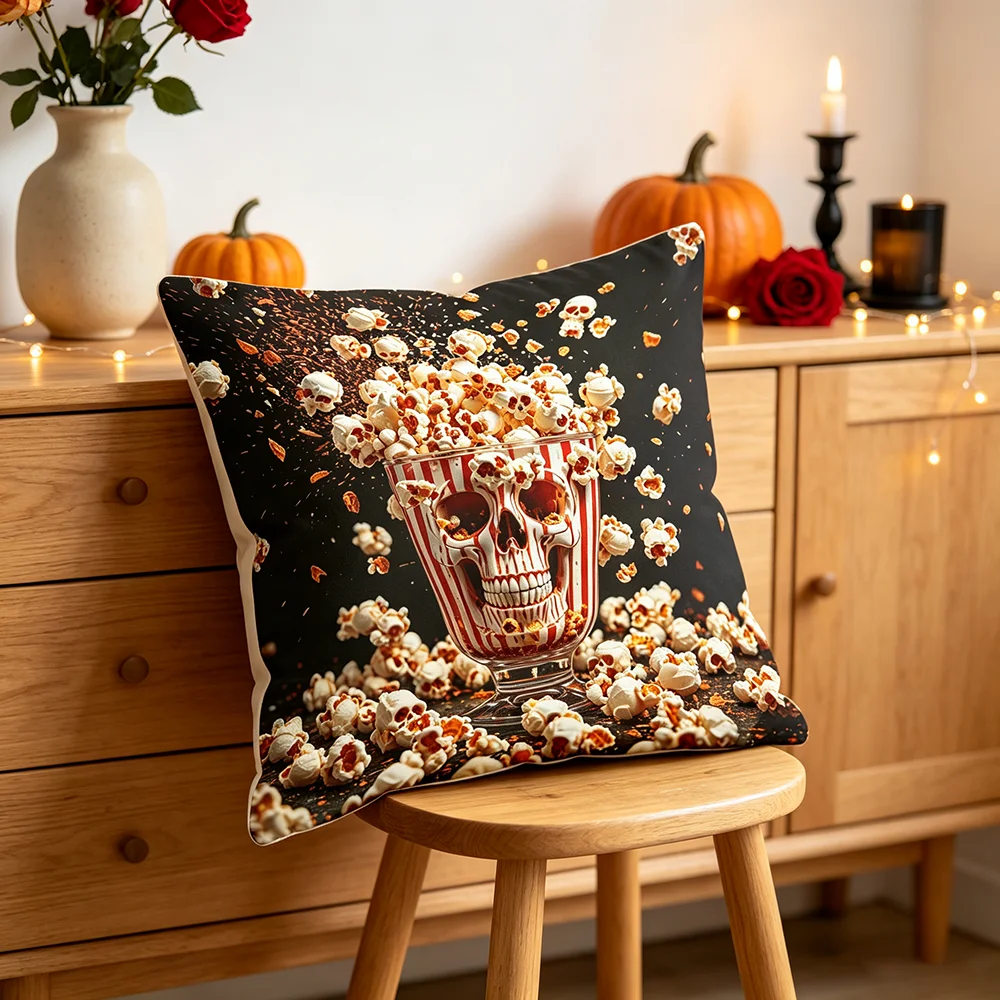 1PCS Digital Print Pillow Covers, Cushion Covers, Spooky Skull Popcorn Cup Flying Popcorn Horror Movie Night Home Decor