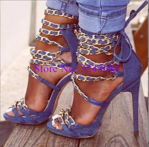 Blue Denim Chains Decor Lady Sandals Sexy Thin Heel Cross Strap Jeans Woman Pumps Fashion Female Banquet Shoes Dropship