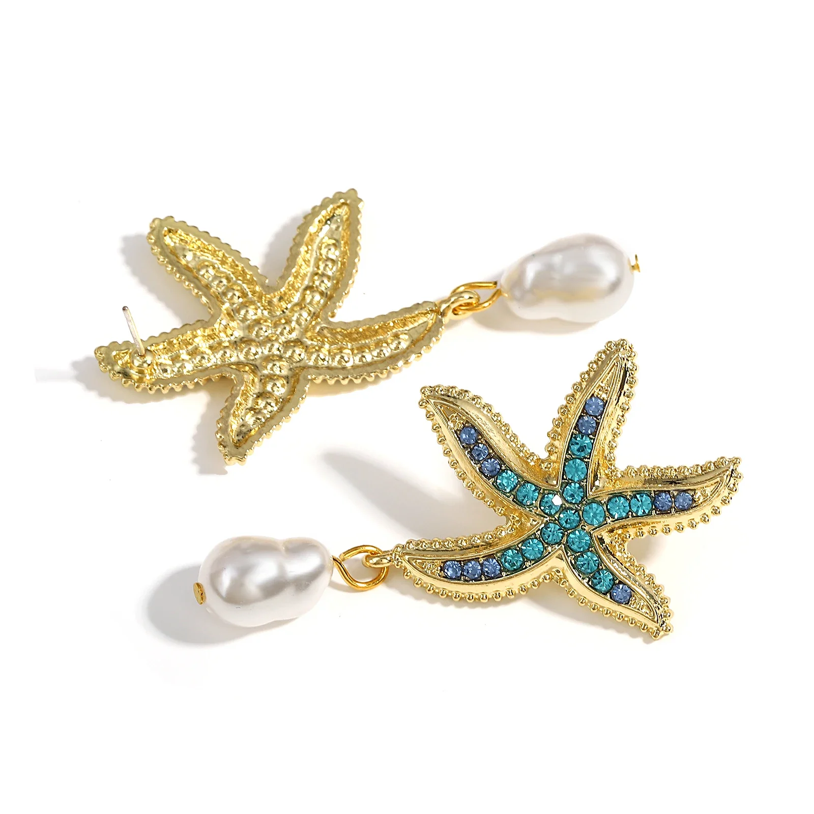 Women Blue Rhinestone Starfish Pearl Drop Earrings Bohemian Crystal Ocean Beach Jewelry