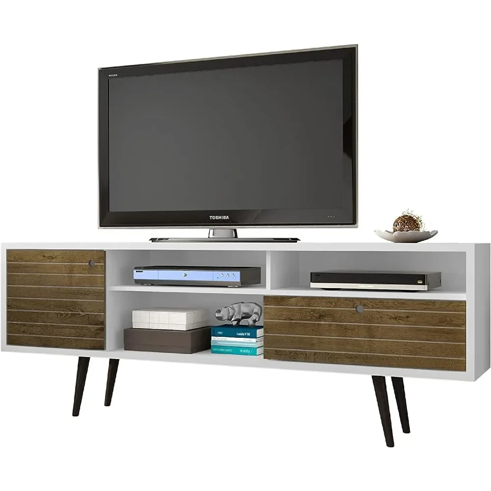 Manhattan Comfort Liberty Mid-Century Modern Living Room TV Stand with Shelves and a Cabinet with Splayed Legs,  White