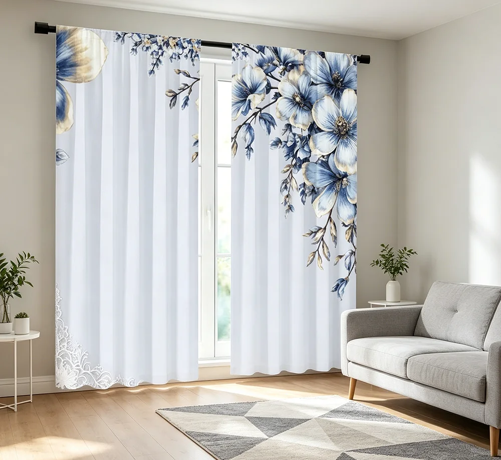 2PCS Digital Printed Curtains, Lace Blue Flowers Delicate Vintage Floral, Window Drapes for Living Room Bedroom Home Decoration