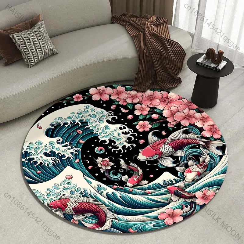 Retro Japanese Kanagawa Waves Print Round Carpet for Living Room Rugs Anti-Slip Foll Mat for Bedroom Sofa Table Home Area Rug