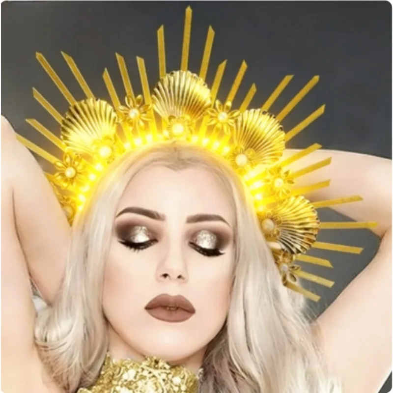 

Светодиодная корона Halo для женщин | Светящийся головной убор богини Девы Марии, головной убор на Хэллоуин с жемчугом, ракушки, аксессуар для костюма