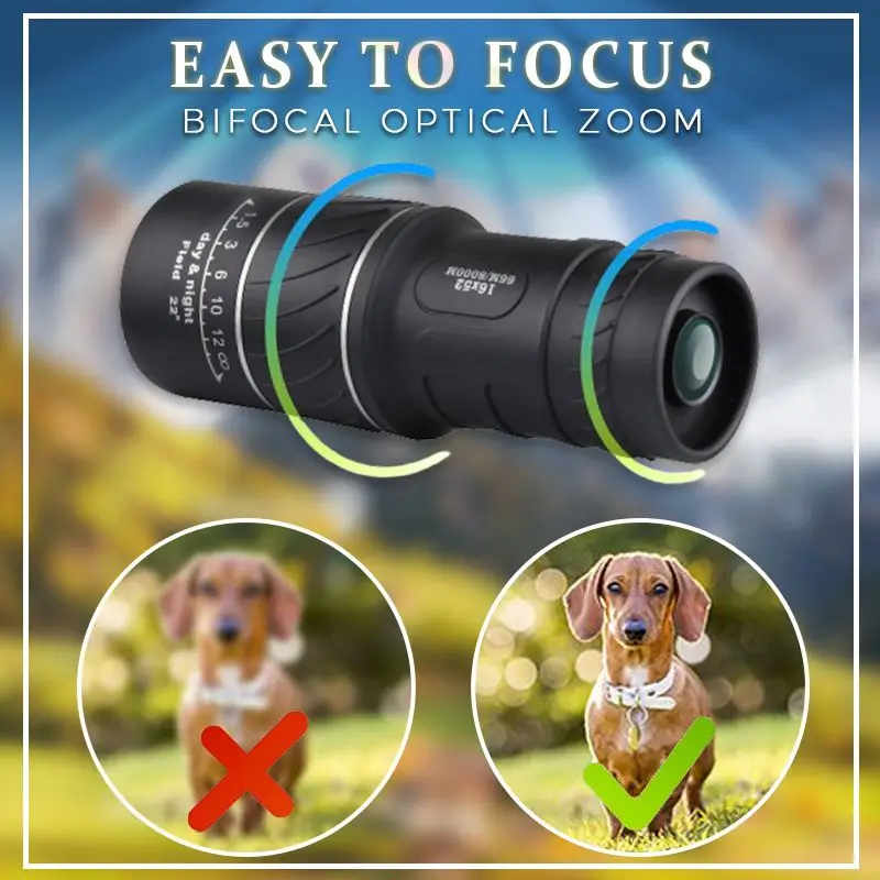 Monocular portátil de doble enfoque, telescopio con zoom óptico, prisma Bak4, alcance compacto para adultos y niños, camping, 16x52 HD, 66 m, 8000 m