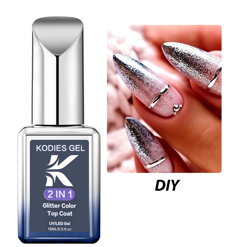 Kodies-プラチナシルバートップコート,UVジェルポリッシュ,超光沢,ワイプなし,15ml