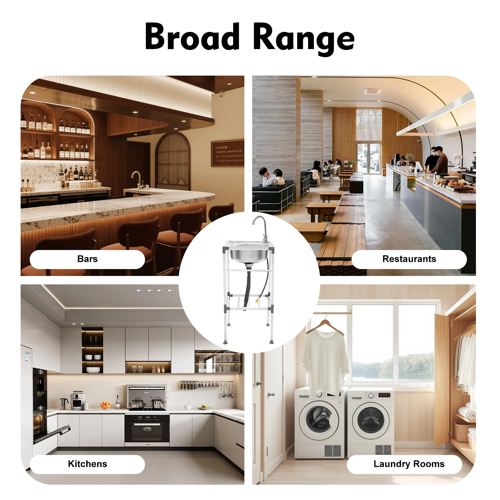 حوض مطبخ قائم بذاته من الفولاذ المقاوم للصدأ 60 سم حوض متعدد الاستخدامات مع صنبور لبار مطعم الغسيل المرآب، سعة كبيرة