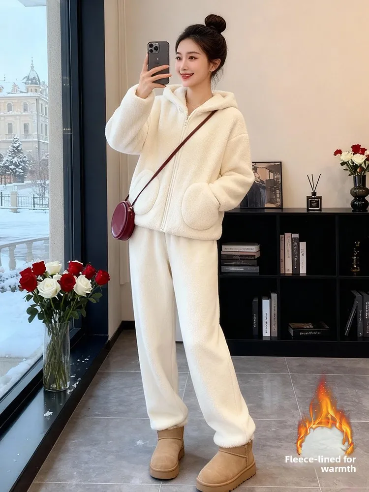 

Faionable Thiened Cotton Jaet And Wide Leg Pants Women's Winter Warm Clothing Set Casual Sle Full Coverage Filling