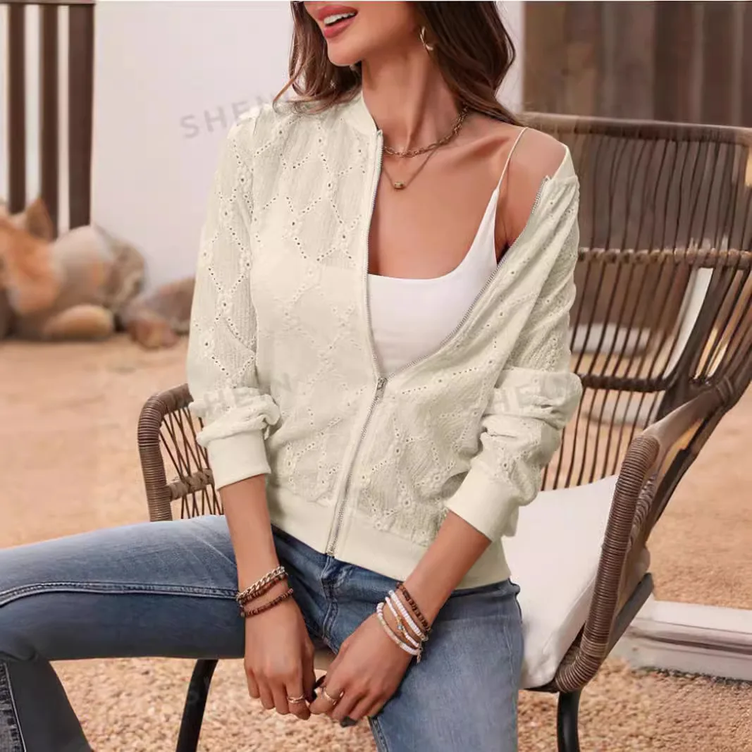 Autumn Korean Stylish Thin Long Sleeve Lace Hollow Out Jackets Female Anti-UV Fashion Short Outwear White Women Clothing Coats