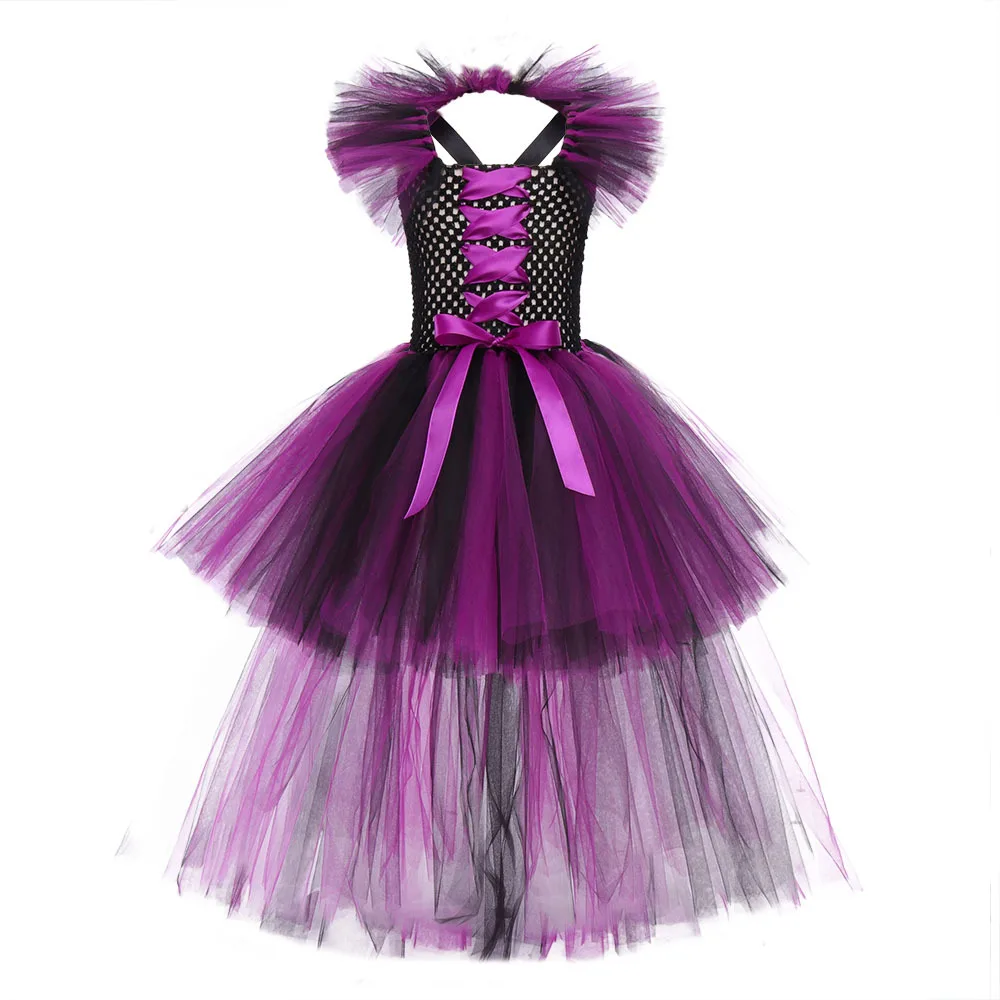 Kid Dark Devil Witch Queen Gothic Color Blocking Train Tulle Dress With Horn Headpiece Wing Outfit For Halloween Party Dress Up