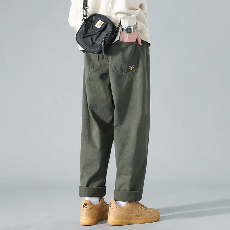 الرجال القطن الخالص مستقيم الساق عارضة السراويل الربيع Faionable عمال فضفاض واسعة الساق السراويل الرجعية اليابانية العصرية وسيم #4