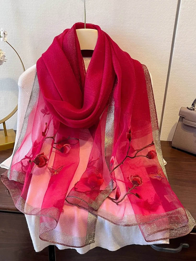 シルクウールスカーフ女性のエレガントなママのショールヴィンテージ梅の花刺繍ラップ多用途夏のファッションアクセサリー