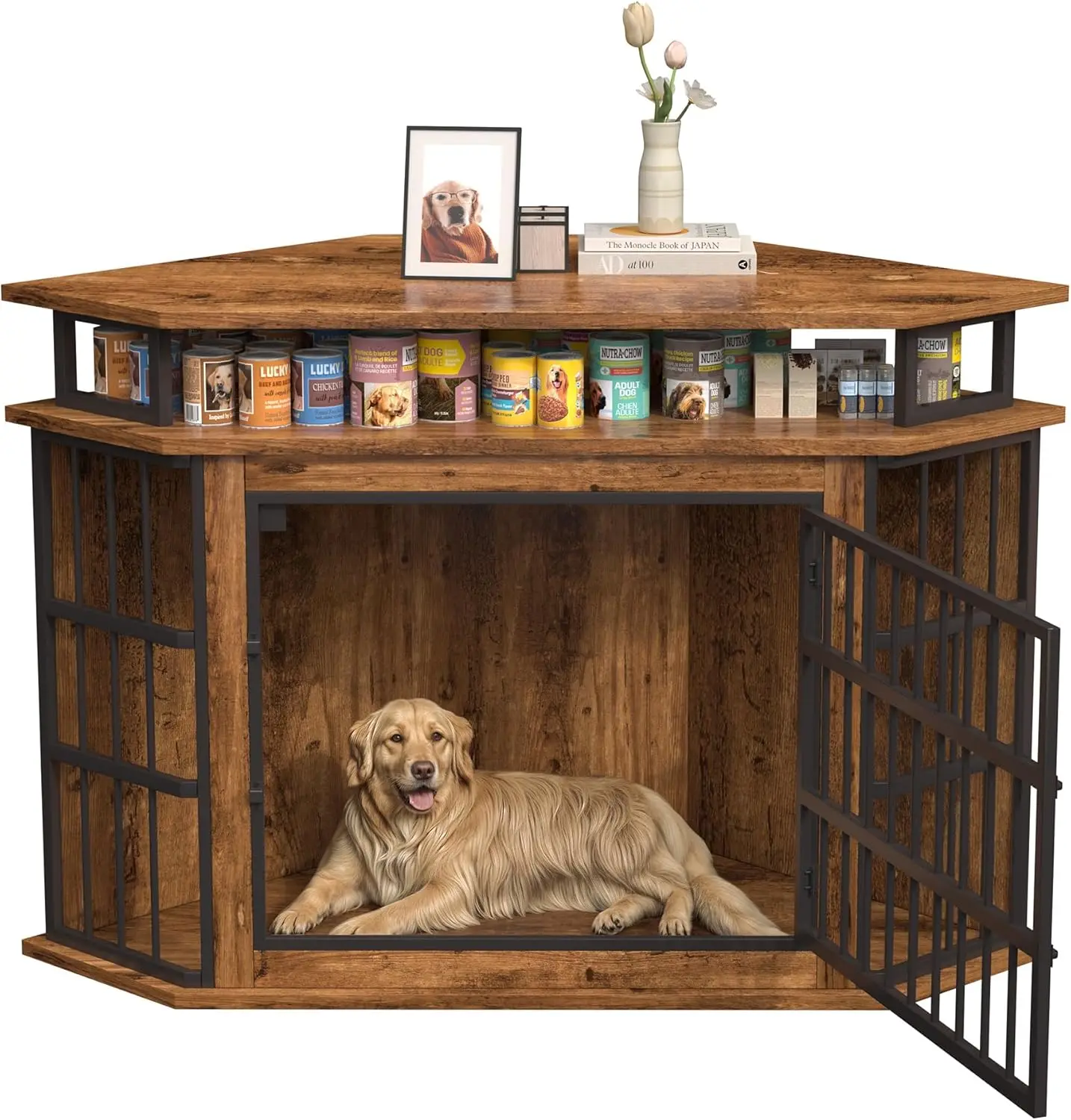 Indoor Use, Wooden, Rustic Brown Corner Dog Crate with 2-Tier Shelves for Large Dogs, Modern Decorative