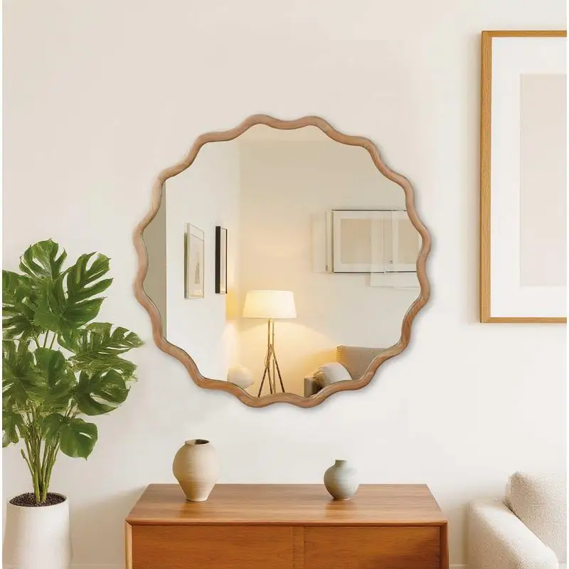 

Natural Wood Color 36-Inch Wavy Round Solid Wood Frame Decorative Mirror for Bedroom Bathroom Living Room Entryway