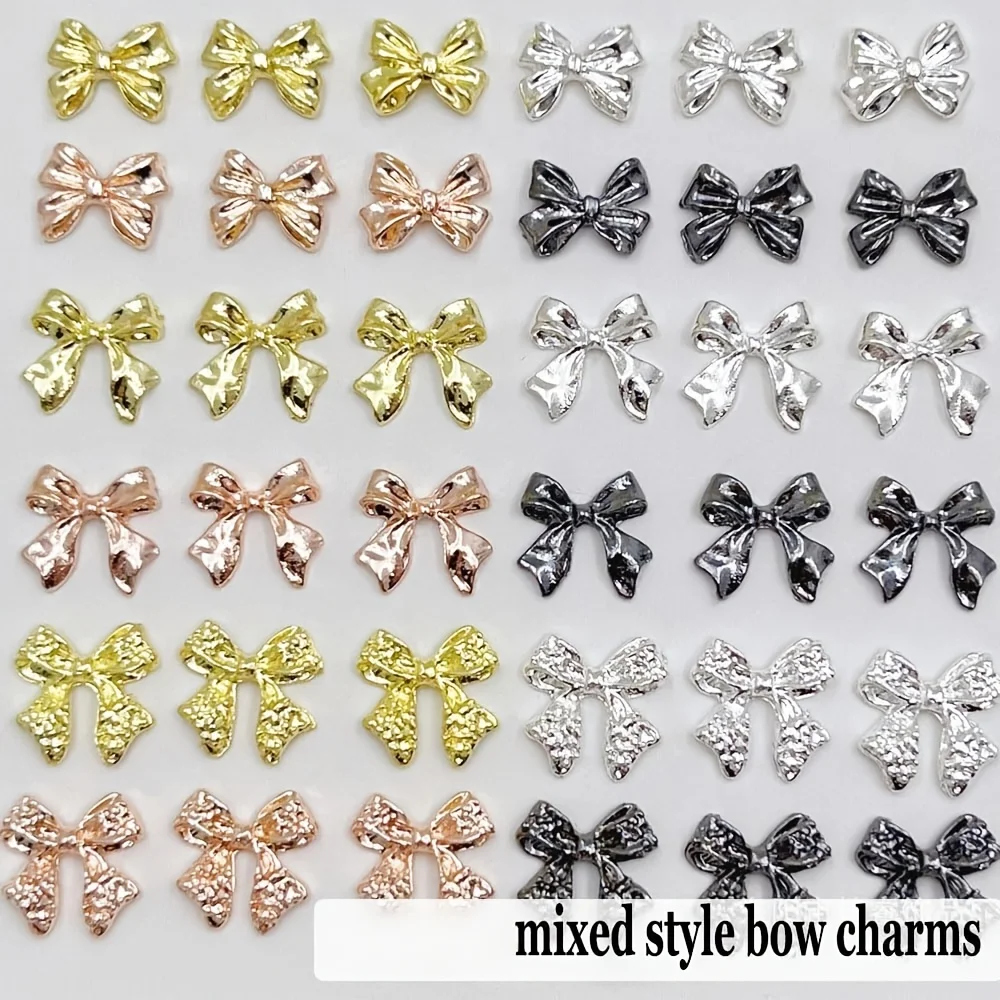 ชาร์มตกแต่งเล็บรูปโบว์ 60 ชิ้น คละสี เงิน ทอง ดำ โรสโกลด์ ชาร์มโบว์ตกแต่งเล็บ 3 มิติ ทำจากโลหะผสม สำหรับตกแต่งเล็บ