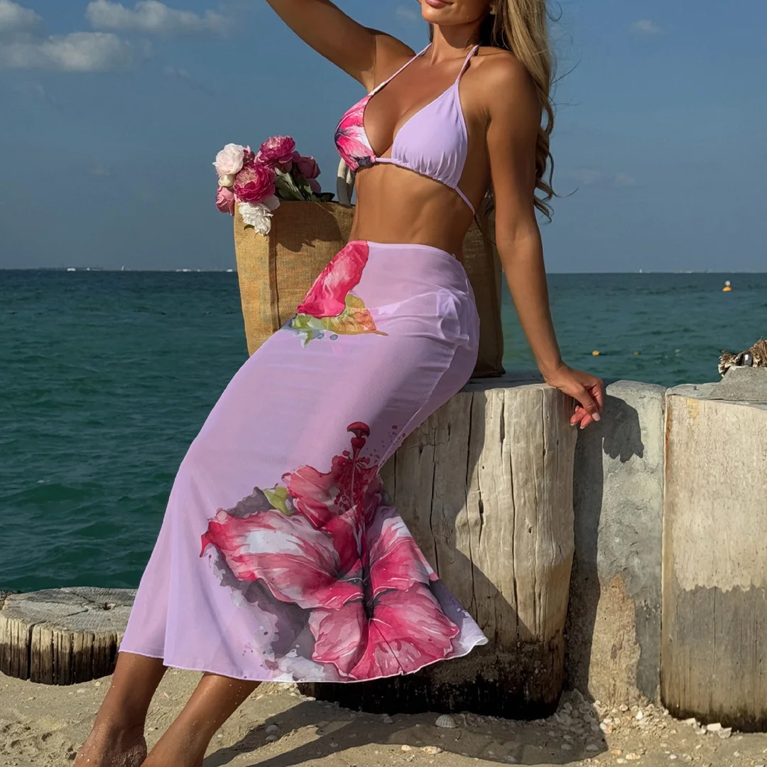 Blumenmuster mit Rock, Neckholder-Bikini, Damen-Badebekleidung, dreiteiliges Bikini-Set, Damen-Badeanzug, Badebekleidung, Badeanzug, Schwimmkleidung V6637 – Detail 19