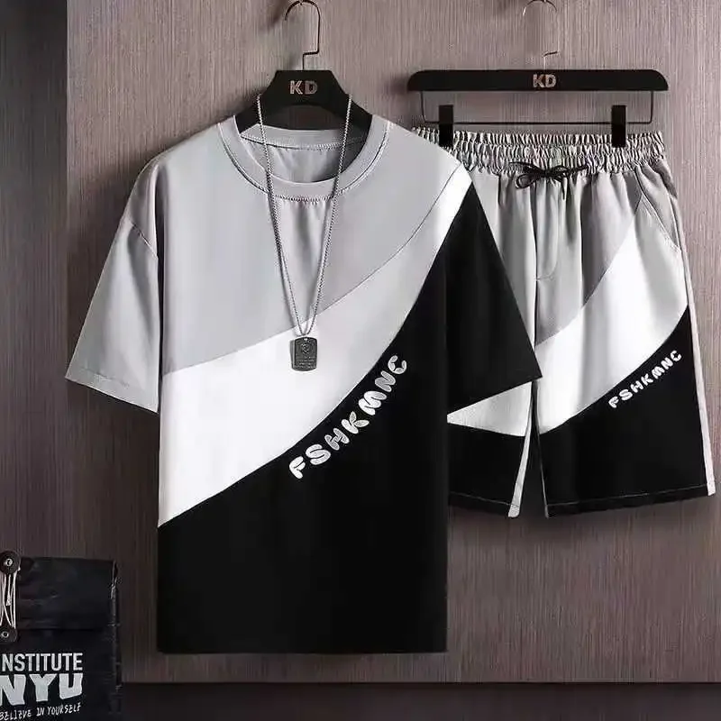 T Shirts for Men Clothing Casual Silk Gradient Men Set  Tshirt Summer Running Men\'s Two-piece Oversize Gym Sport Short Pants