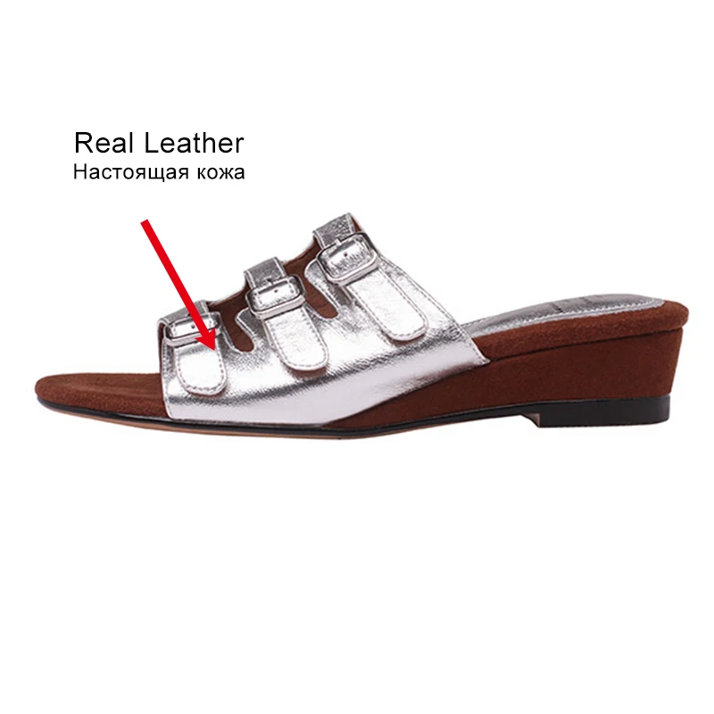 JOZHAMTA Size 34-40 Women Wedges Slides Sandals Real Leather Buckle Strap Mid Heels Summer Shoes Casual Daily Home Slippers