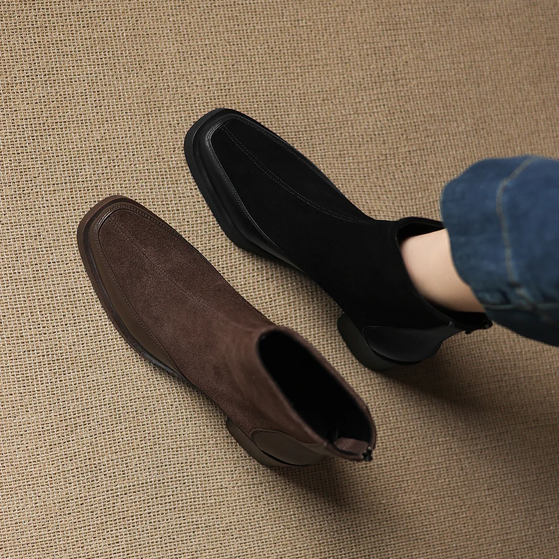 2026 new autumn winter women ankle boots natural leather plus size 22-26cm cow suede round toe back zip thick heel short boots