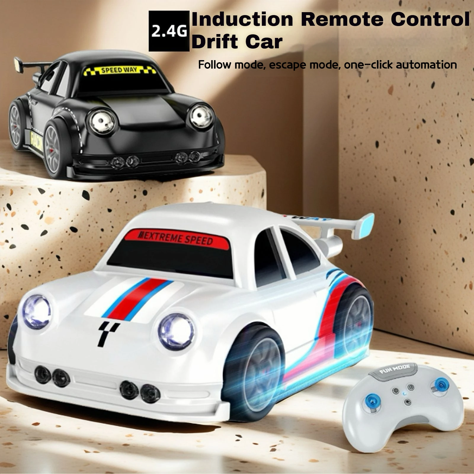 

2.4G RC Drift Car Rechargeable Remote Control Stunt Vehicle with Lights & Sounds, Rotating Drift Racing Toy for Kids Indoor Gift