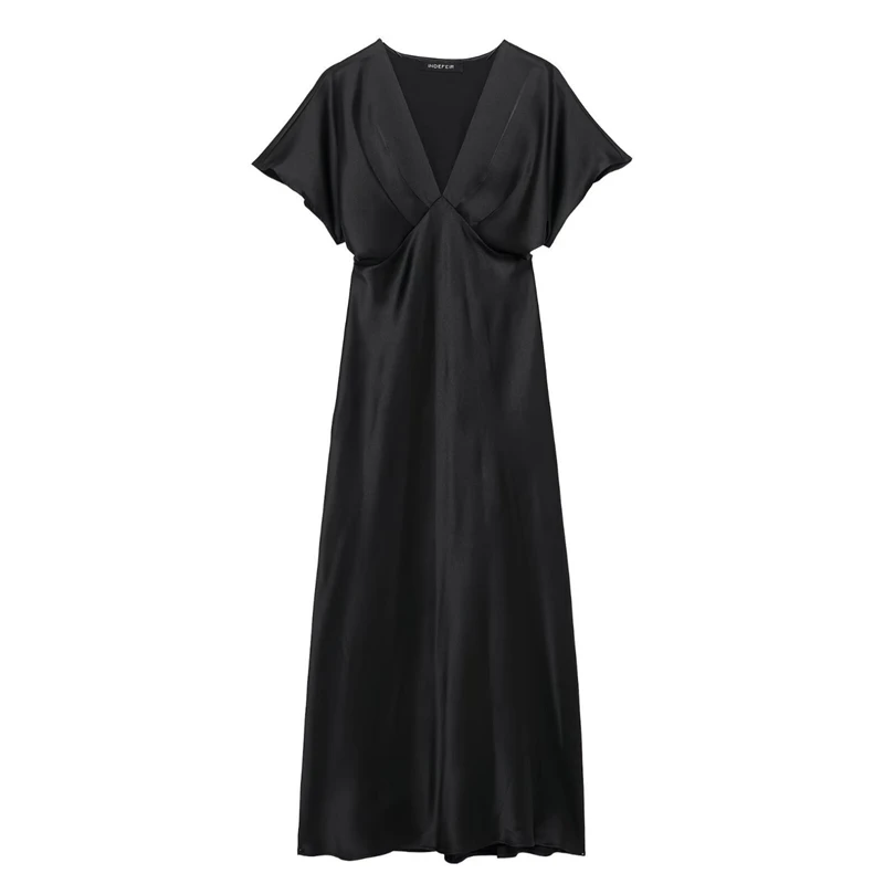 Satin-Midikleid im Frühjahr 2025, neue Ankunft, elegante Alltagskleidung, Party, schmale Passform, Damenkleider, einfarbig, Büro-Cocktailkleidung