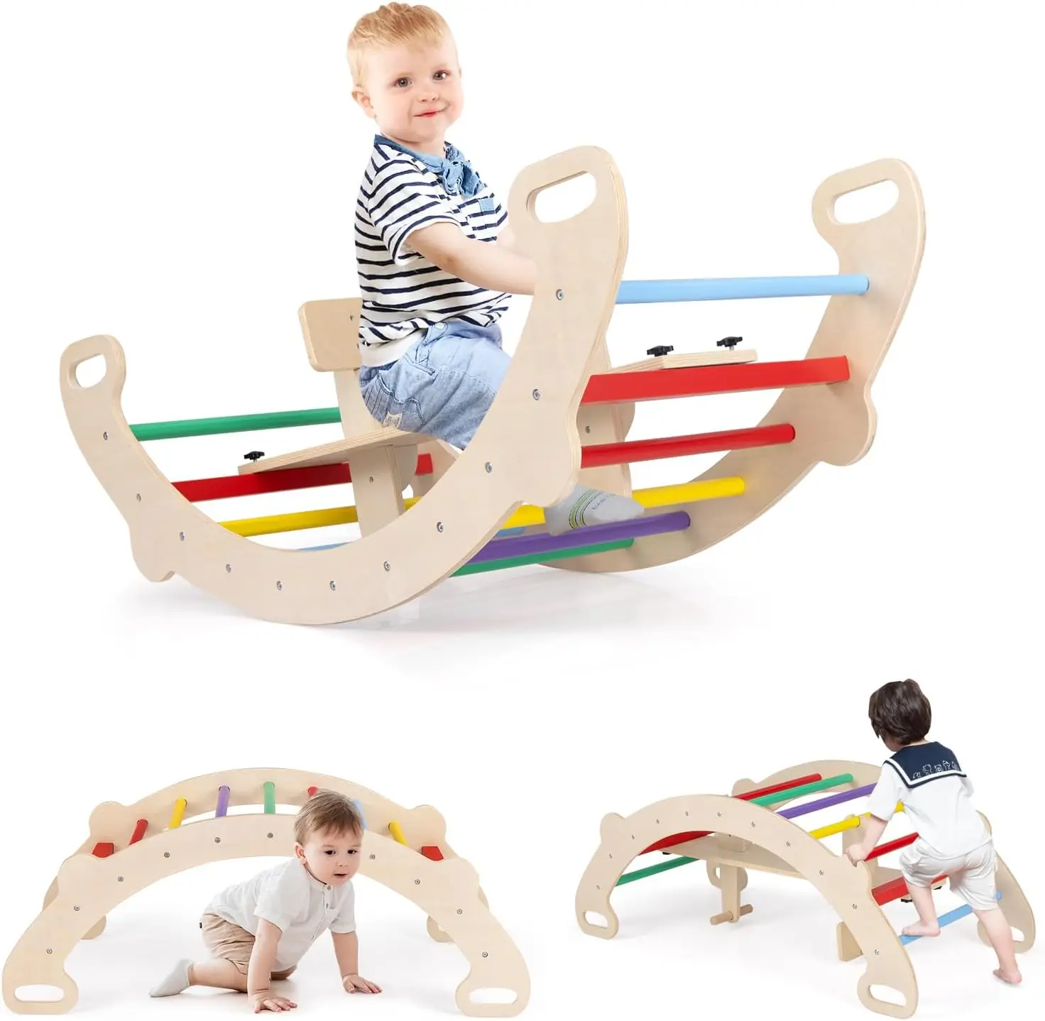 Wooden Arch Rocker, 4-in-1 Montessori Rocking Toys for Toddlers with Easy-Grip Handles, Children Indoor Gym Learning Rocker Play