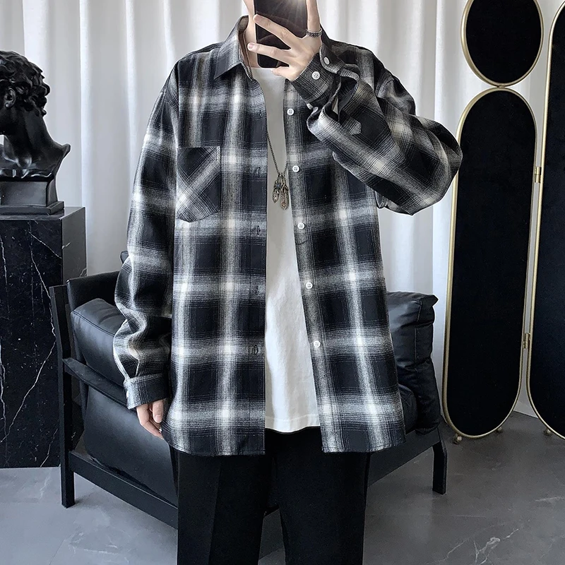 Autumn Vintage Plaid Print Men Long Sleeve Blouse Korean Chic Casual All-match Loose Thin Coat Clothing Top Holiday Black Yellow