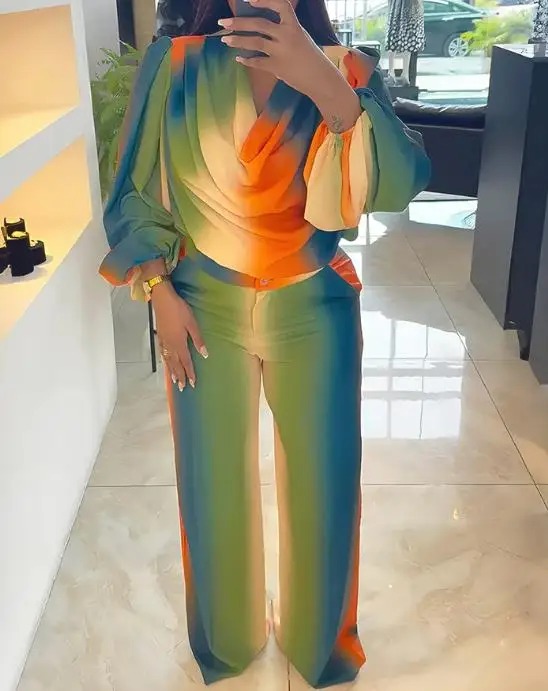 

Two Piece Set Women Outfit 2025 Spring Autumn New Tie Dye Print Cowl Neck Puff Sleeve Loose Fit Top & Casual Wide Leg Pants Set