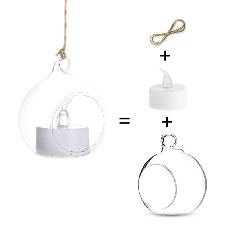 6/12 pçs pendurado globos de vidro chá luz castiçais com chama led tealight para ornamentos casamento aniversário festa natal