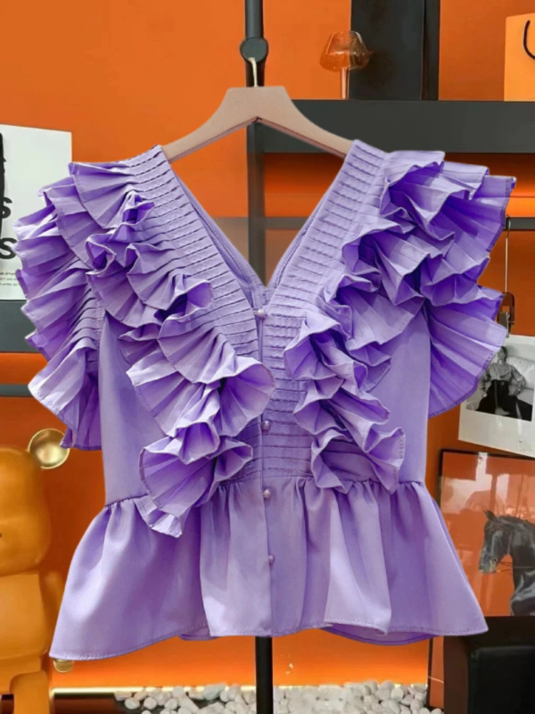 EWQ Casual Ruffles Design Blouse Women V Neck Sleeveless Solid Color Versatile Tops Fashion 2024 Summer New Clothing 17G6146