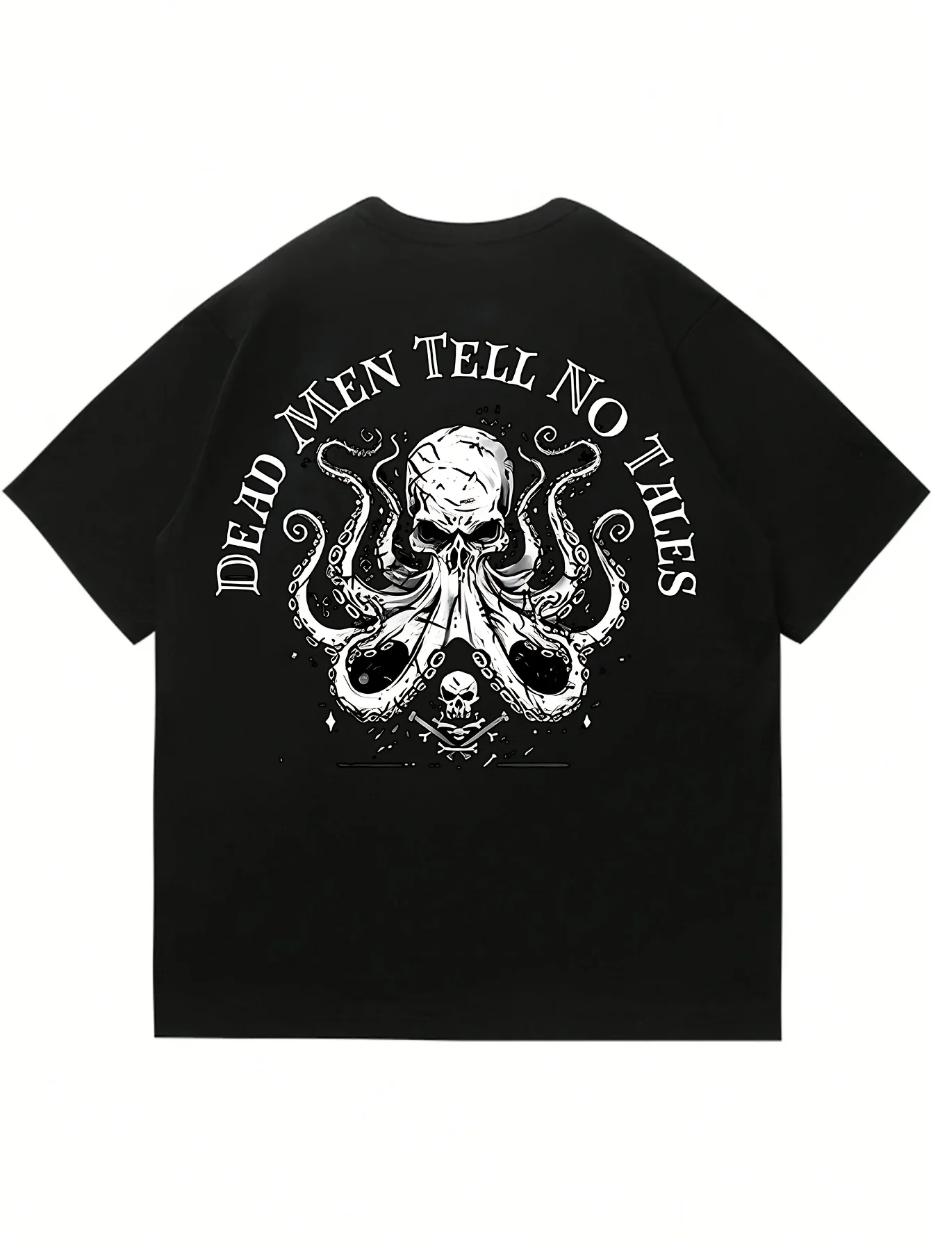 Summer Men's Short Sleeve T-shirt Black Breathable Casual Tee with Skull Octopus Graphic Print 