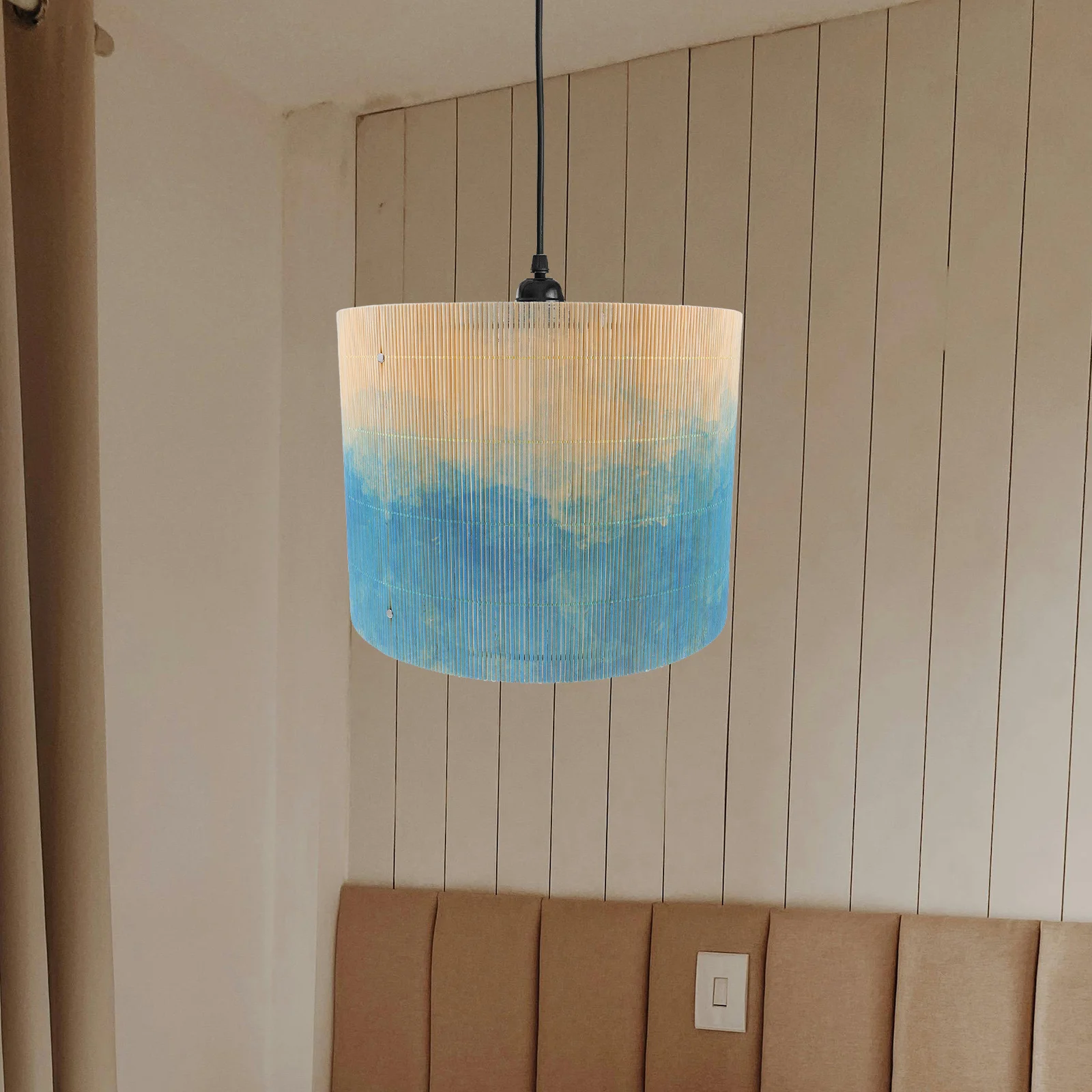 

Bamboo Lamp Shade with Watercolor Print Soft Warm Light Decorative Hanging Lampshade for Home Decoration Bamboo Lamp Shade