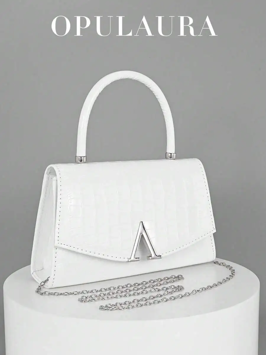 Elegant White Croc-Embossed Clutch With Chain Strap For Formal Events And Evening Wear