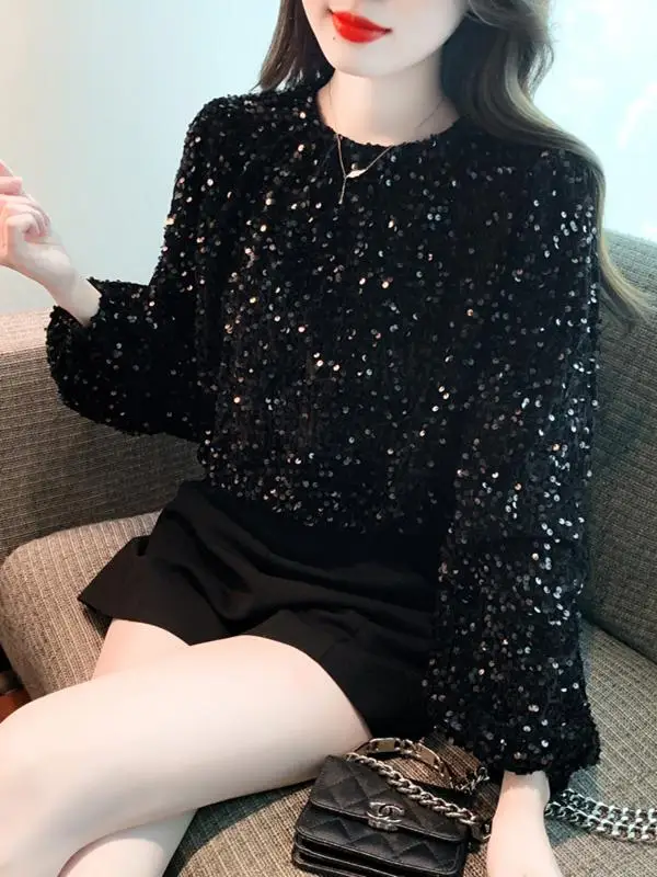 

Glitter Long Sve Base irt Women's Faionable Age-Defng High-End Design Sensation Top Korean Sle Loose Fit Polyester...