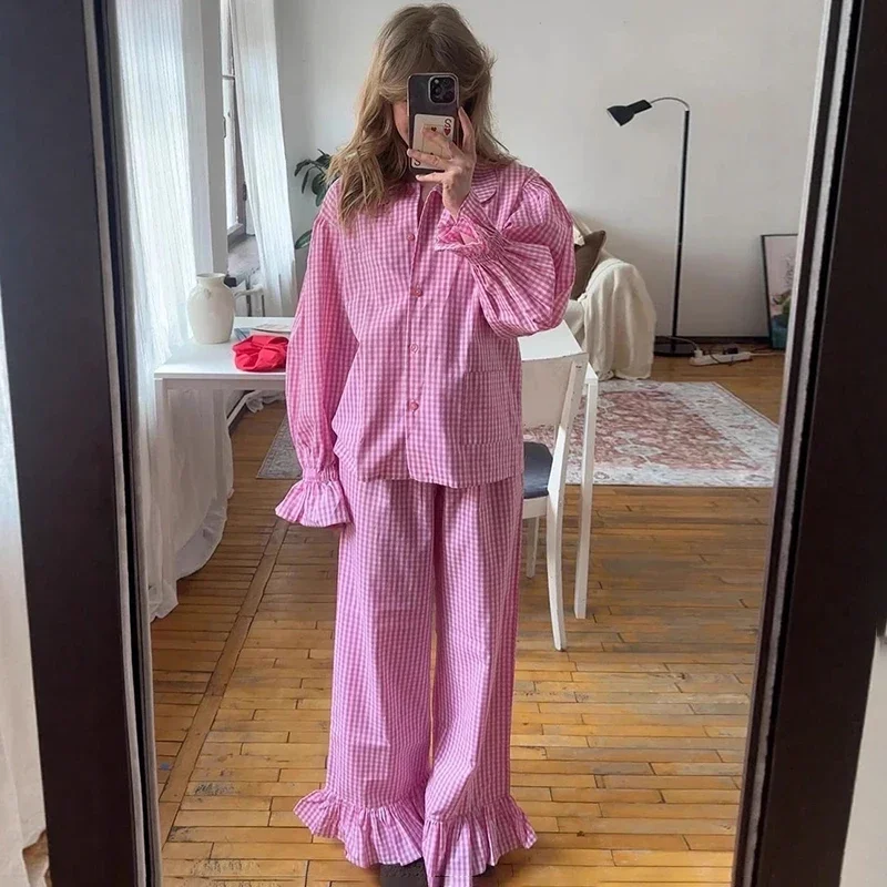

Plaid Print Ruffled Shirt Pants Suit Woman Casual Puff Long Sleeve Blouse Loose Trousers Spring New 2026 Female Sets