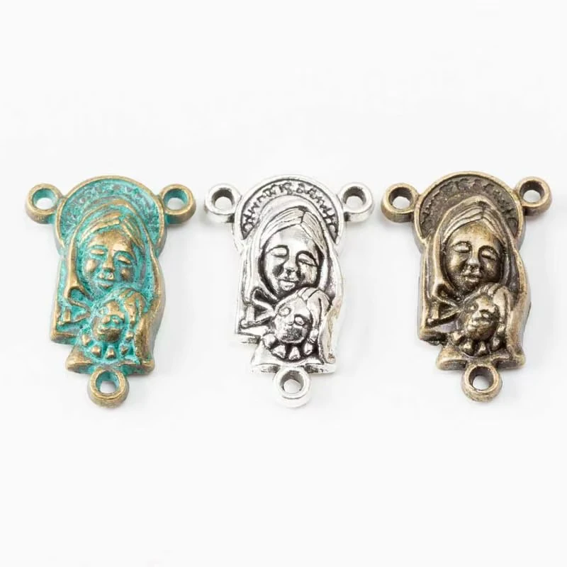 50pcs 22*15MM Alloy Retro Blue Jewelry Religious Belief Necklace Diy Three Hanging Hole Virgin Mary Head Pendant, Autumn And Win