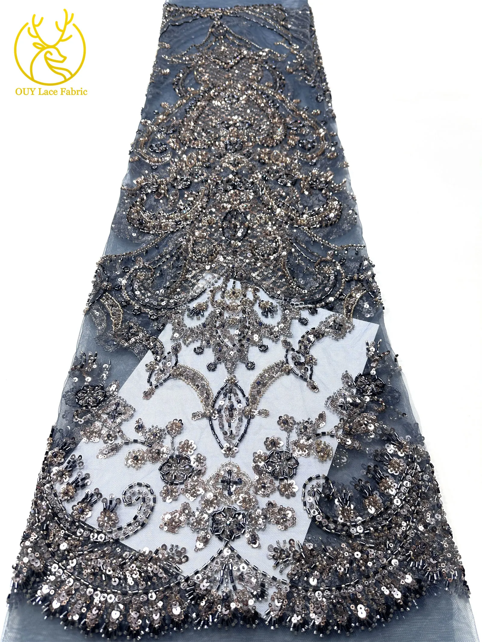 Pfirsichfarbener, hochwertiger, eleganter afrikanischer Brautkleidstoff mit Stickerei und Perlen, 2026 Nigerianische Pailletten-Spitze für Abendkleider und Hochzeitskleider zum Nähen – Detail 20