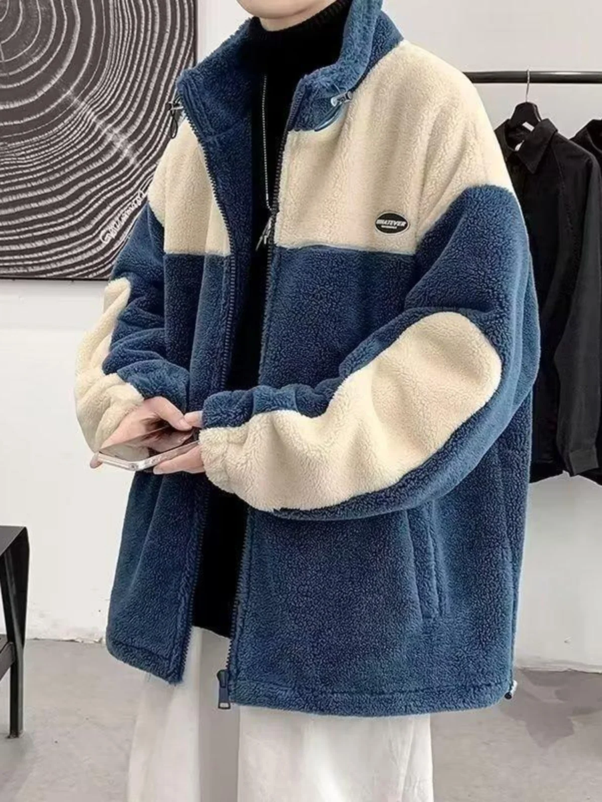 

Lamb Velvet Jaet Men's Autumn Winter Casual Hooded Coat Men's Winter Trendy Brand Particle Velvet Garment Clothes