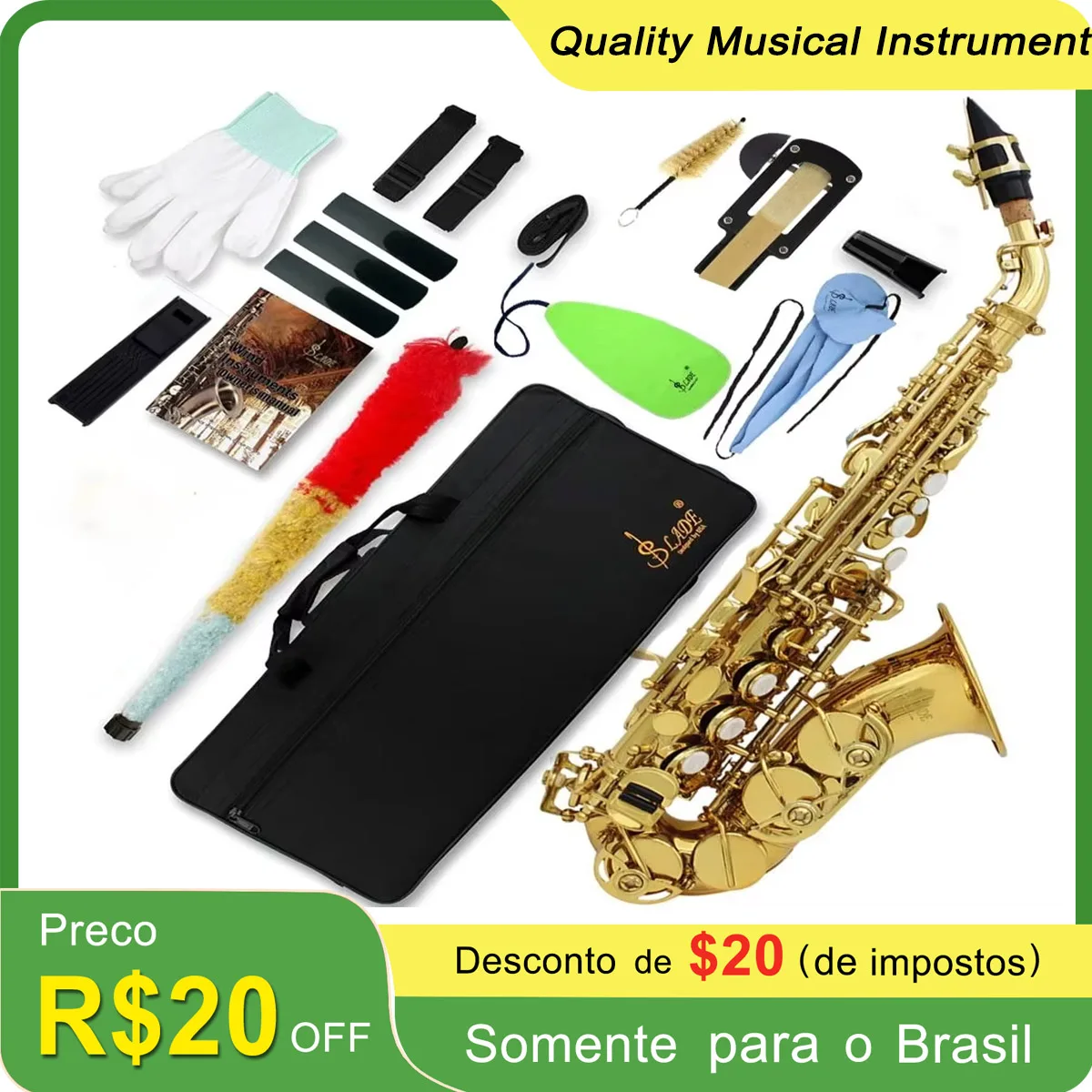 SLADE Gold Saxophone Brass Bb Soprano Saxophone with Box Cleanning Cloth Reed Clip Strap Brush Gloves Parts for Beginners