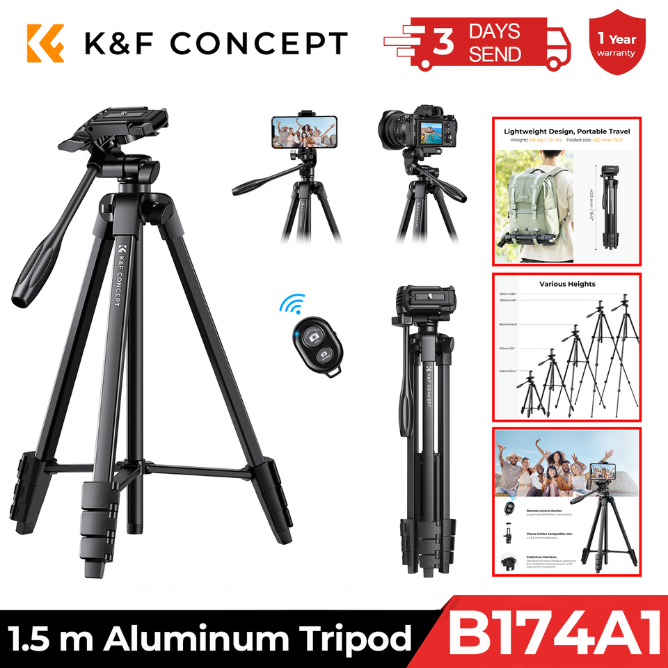  K&F CONCEPT 1.5 m Aluminum Camera Phone Tripod Stand 1.34 lbs Ultra Lightweight with Remote and Cellphone Holder B174A1 Tripods 