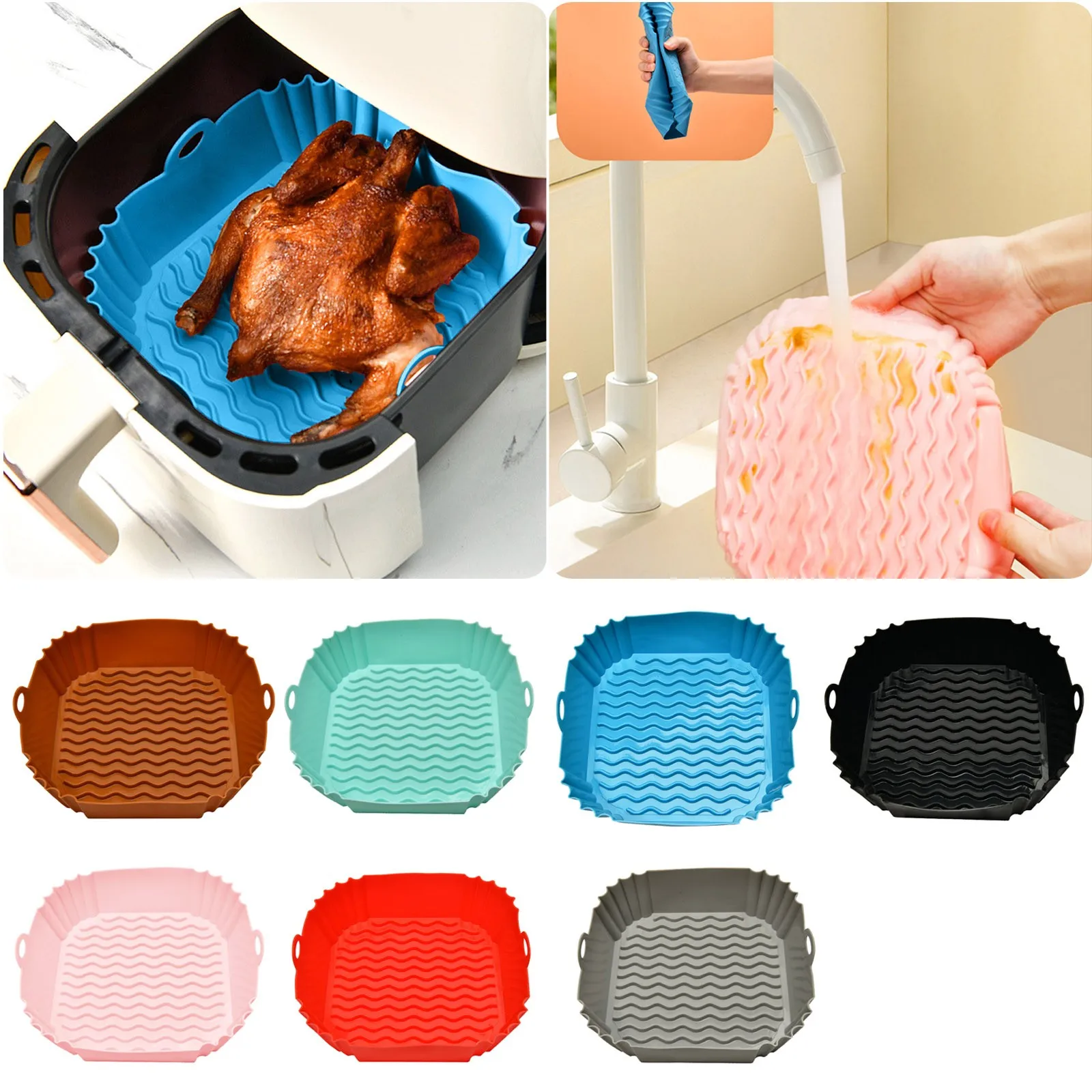 

Silicone Air Fryers Oven Baking Tray Pizza Fried Chicken Airfryer Silicone Basket Reusable Airfryer Pan Liner Accessories