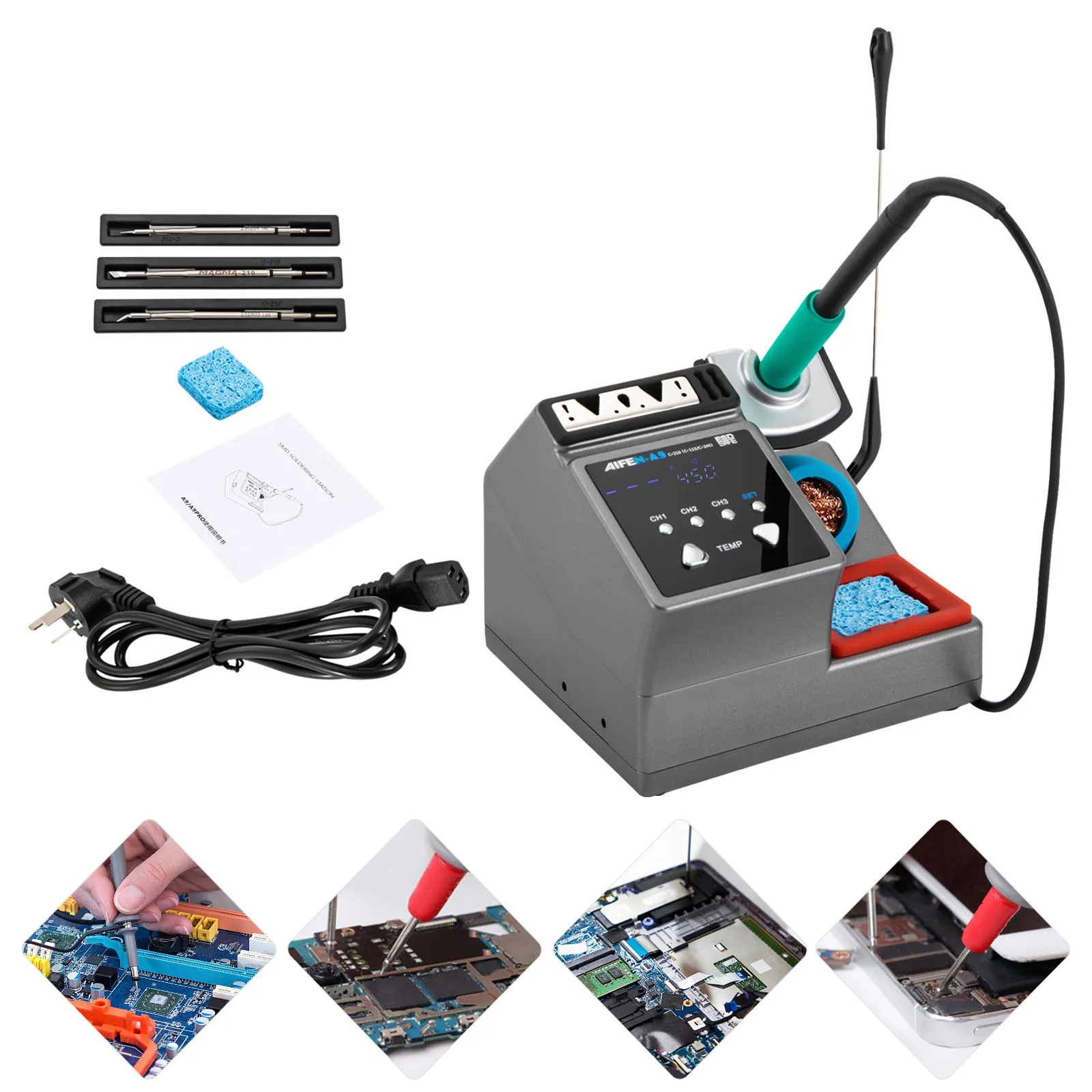 A9 Soldering Station 120W Soldering Iron Station Kit, 212℉-842℉, 3 Temperature Storage, ℃/℉, 3 Soldering Iron Tips, Quick Chang